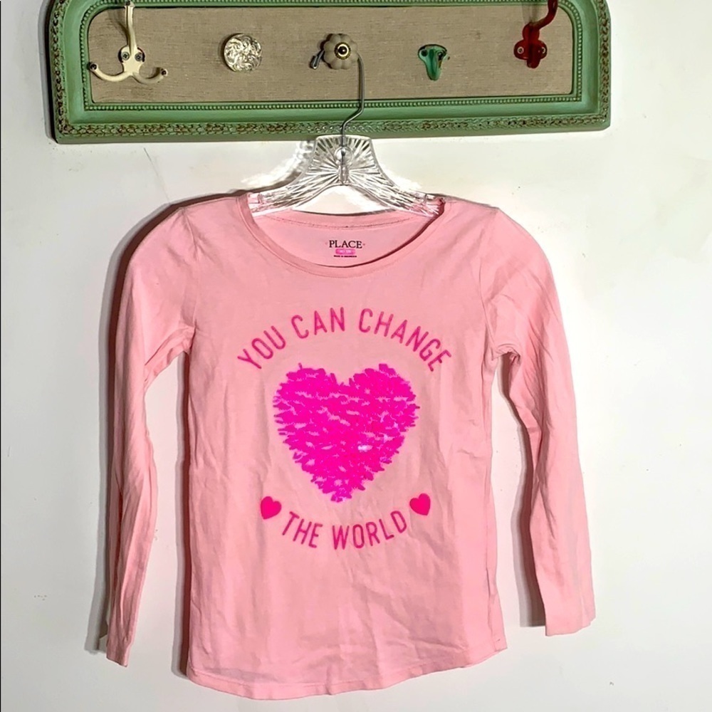 The place you can change the world sequin shirt long sleeve pink heart girls tee